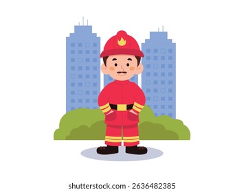 Light male firefighter in working uniform. Against the background of the city. Vector graphics.	