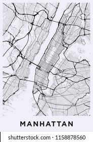 Light Manhattan (New York) map. Road map of Manhattan (NYC). Black and white (light) illustration of Manhattan's streets. Transport network of Manhattan. Printable poster format (portrait).