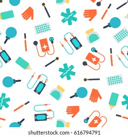 Light medical care seamless pattern with colorful equipment and tools in flat style vector illustration