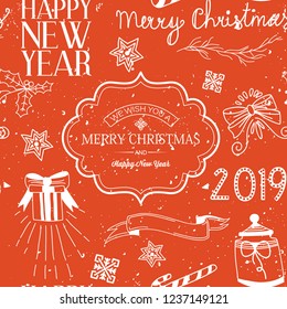Light Merry Christmas greeting template with inscriptions frame and hand drawn traditional elements on orange background vector illustration
