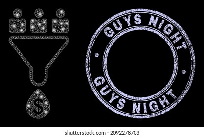 Light mesh net customers sales funnel icon with glow effect on a black background, and round Guys Night unclean stamp seal. Vector grid created from customers sales funnel icon,