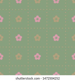 Light minimalist geometric dotted square seamless pattern with small flowers. Vintage, retro palette. Repeat symmetrical botanical pattern. Vector illustration.
