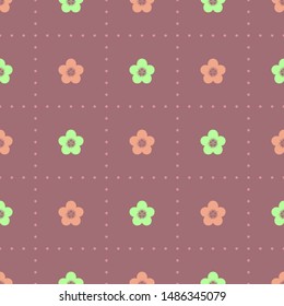 Light minimalist geometric dotted square seamless pattern with small flowers. Vintage, retro palette. Repeat symmetrical botanical pattern. Vector illustration.