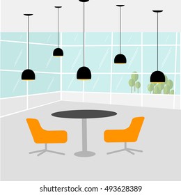 Light minimalistic modern office space meeting area interior design, round table with two chairs, big windows with trees outside, lamps. Flat vector illustration