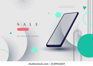 Light minimalistic vector design with black smartphone and paper cut and green geomerty forms and thin lines on the gray background