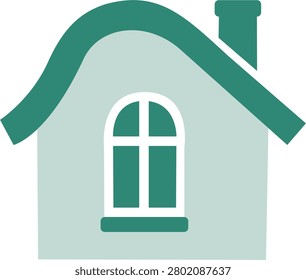Light mint green house icon with dark teal wavy curved roof and tall arched glass window unique architectural home symbol real estate sign isolated graphic illustration
