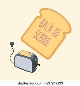light modern clean background food & Bread vector in Old Style flat design toaster & one toast flying up. toast popping out of Vintage gray toaster & ready to eat. space & text - back to school print