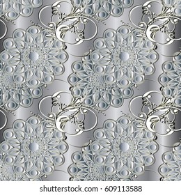 Light modern floral seamless pattern. Drapery silver  flourish background wallpaper illustration with vintage 3d white flowers,  swirl leaves and flowery ornaments. Vector luxury texture 