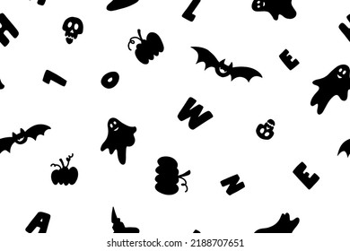 Light monochrome pattern for Halloween decorations. Ghosts, bats, and pumpkins. Halloween holiday attributes. Wrapping paper pattern. Scary and fun Halloween. Black pattern on white background