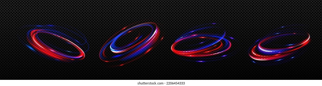 Efecto de movimiento de luz, trazas de círculo de la llama de energía o movimiento de resplandor. Conjunto vectorial realista de giros abstractos de líneas brillantes azules y rojas aisladas en un fondo transparente