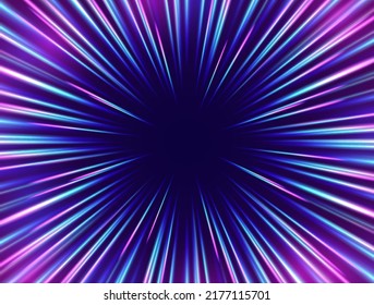 Light In Motion Effect, Neon Color Trails, Cosmic Hyperspace Jump Concept. Speed Of Light, Stars In Motion Futuristic Backdrop. Colorful Glowing Rays.