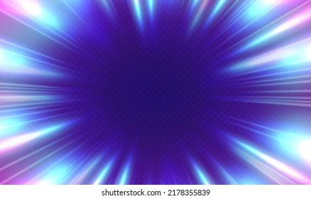 Light in motion effect, neon color trails, cosmic hyperspace jump concept. Speed of light, stars in motion futuristic backdrop. Colorful glowing rays.