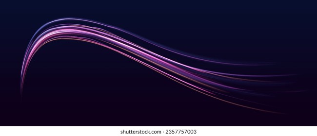 Light motion effect, slow shutter of traffic. High tech concept with luminous arrows moving to side. Speed connection vector background. Neon color glowing lines.	