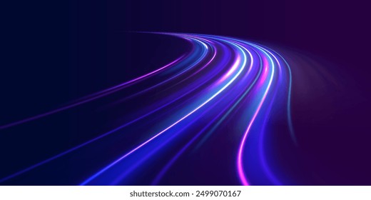Light motion effect, slow shutter of traffic. High tech concept with luminous arrows moving to side. Speed connection vector background. Neon color glowing lines.