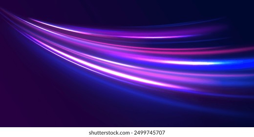 Light motion effect, slow shutter of traffic. High tech concept with luminous arrows moving to side. Speed connection vector background. Neon color glowing lines.