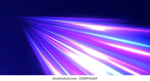 Light motion effect, slow shutter of traffic. High tech concept with luminous arrows moving to side. Speed connection vector background. Neon color glowing lines.