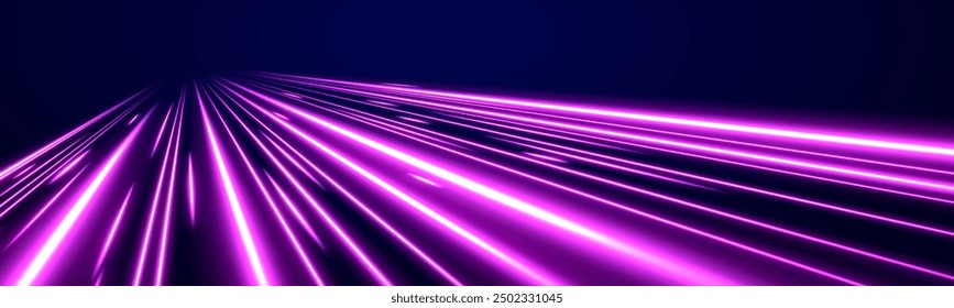 Light motion effect, slow shutter of traffic. High tech concept with luminous arrows moving to side. Speed connection vector background. Neon color glowing lines.