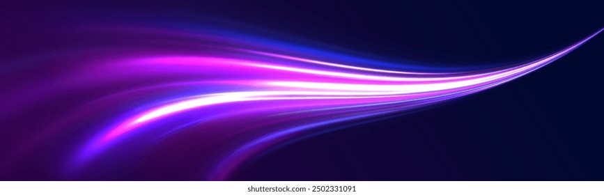 Light motion effect, slow shutter of traffic. High tech concept with luminous arrows moving to side. Speed connection vector background. Neon color glowing lines.
