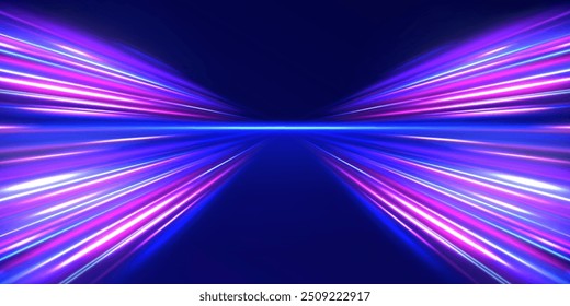 Efecto de movimiento ligero, obturador lento del tráfico. Concepto de alta tecnología con flechas luminosas moviéndose hacia un lado. Fondo de Vector de conexión de velocidad. Líneas brillantes de color neón.