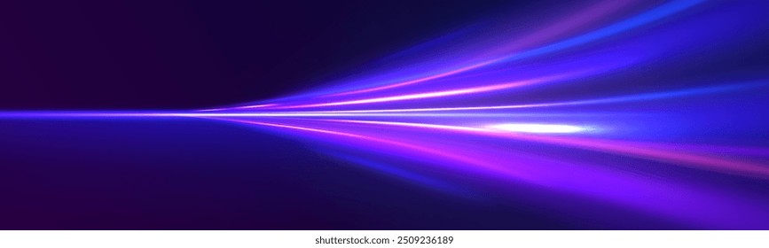 Light motion effect, slow shutter of traffic. High tech concept with luminous arrows moving to side. Speed connection vector background. Neon color glowing lines.