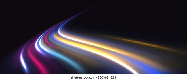 Light motion effect, slow shutter of traffic. High tech concept with luminous arrows moving to side. Speed connection vector background. Neon color glowing lines.