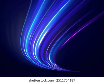 Light motion effect, slow shutter of traffic. High tech concept with luminous arrows moving to side. Speed connection vector background. Neon color glowing lines.