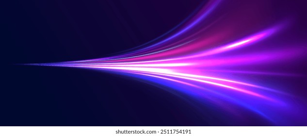 Light motion effect, slow shutter of traffic. High tech concept with luminous arrows moving to side. Speed connection vector background. Neon color glowing lines.