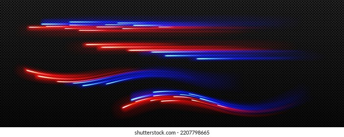 Light motion effect, speed road traffic glow at night. Abstract wavy and straight blue and red light lines, shiny strips isolated on transparent background, vector realistic set