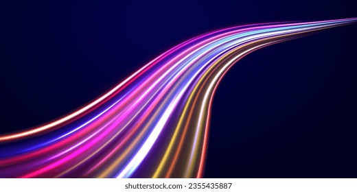 Light motion effect, traffic slow shutter, cyberpunk neon. High Speed Lines With Focus. Light dynamic motion vector art, light trail, high speed effect, motion motion. Vector illustration. 