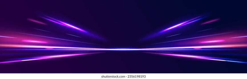 Light motion effect, traffic slow shutter, cyberpunk neon. High Speed Lines With Focus. Light dynamic motion vector art, light trail, high speed effect, motion motion. Vector illustration. 