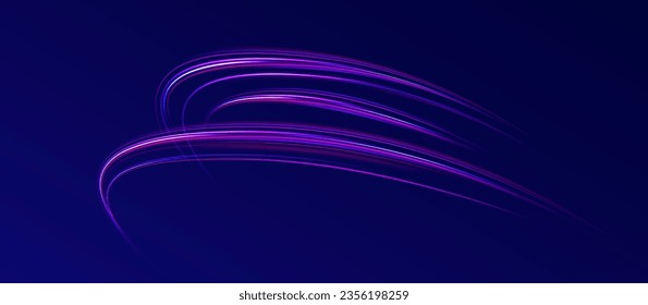 Light motion effect, traffic slow shutter, cyberpunk neon. High Speed Lines With Focus. Light dynamic motion vector art, light trail, high speed effect, motion motion. Vector illustration. 