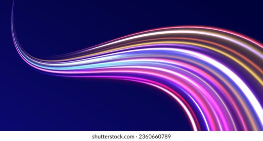 Light motion effect, traffic slow shutter, cyberpunk neon. High Speed Lines With Focus. Light dynamic motion vector art, light trail, high speed effect, motion motion. Vector illustration. 