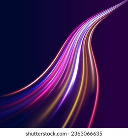 Light motion effect, traffic slow shutter, cyberpunk neon. High Speed Lines With Focus. Light dynamic motion vector art, light trail, high speed effect, motion motion. Vector illustration. 