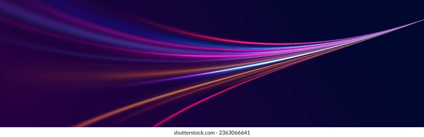 Light motion effect, traffic slow shutter, cyberpunk neon. High Speed Lines With Focus. Light dynamic motion vector art, light trail, high speed effect, motion motion. Vector illustration. 