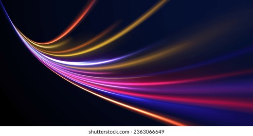 Light motion effect, traffic slow shutter, cyberpunk neon. High Speed Lines With Focus. Light dynamic motion vector art, light trail, high speed effect, motion motion. Vector illustration. 