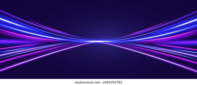 Efecto de movimiento ligero, obturador lento de tráfico, neón cyberpunk. Líneas De Alta Velocidad Con Foco. Arte vectorial de movimiento dinámico ligero, rastro de luz, efecto de alta velocidad, movimiento de movimiento. Ilustración vectorial.