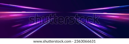 Light motion effect, traffic slow shutter, cyberpunk neon. High Speed Lines With Focus. Light dynamic motion vector art, light trail, high speed effect, motion motion. Vector illustration. 