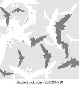 Light Motion Funny Bats Vector Background. Scary White Chaos Spooky Flying Bats Art Pattern. Retro Print Grey Silver Modern Style Background. Creepy Orange Attack Black Halloween Modern Design.