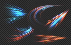 Light Motion Trails. High Speed Motion Blurred Light Effects At Night In Blue And Red Colors. Futuristic Abstract Flash Perspective, Glowing Road Light Streaks From Long Time Exposure,  Vector Set On Transparent Background
