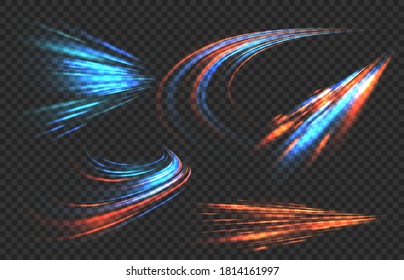 Light motion trails. High speed motion blurred light effects at night in blue and red colors. Futuristic abstract flash perspective, glowing road light streaks from long time exposure,  vector set on transparent background - Shutterstock ID 1814161997