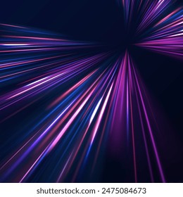 Light motion trails. High speed motion blurred light effects at night in blue and red colors. Glowing spark swirl trail tracing on dark blue background. Abstract light lines of movement and speed.	