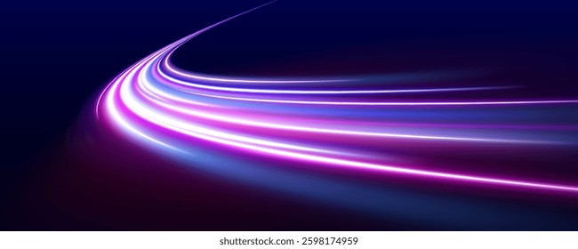Light motion trails. High speed effect motion blur night lights in blue and red colors, abstract flash perspective road glow streaks long time exposure vector set on transparent background.