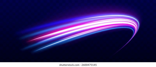 Light motion trails. High speed effect motion blur night lights in blue and red colors, abstract flash perspective road glow streaks long time exposure vector set on transparent background.
