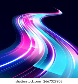 Senderos de movimiento ligero. El movimiento de efecto de alta velocidad desenfoca las luces nocturnas en colores azul y rojo, el resplandor abstracto de la carretera de la perspectiva del destello raya el Vector de la exposición del tiempo largo fijado en fondo transparente.	
