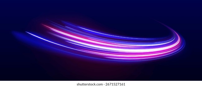 Senderos de movimiento ligero. El movimiento de efecto de alta velocidad desenfoca las luces nocturnas en colores azul y rojo, el resplandor abstracto de la carretera de la perspectiva del destello raya el Vector de la exposición del tiempo largo fijado en fondo transparente.	
