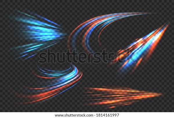 Light motion trails. High speed\
motion blurred light effects at night in blue and red colors.\
Futuristic abstract flash perspective, glowing road light streaks\
from long time exposure,  vector set on transparent\
background