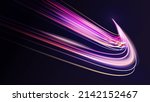 Light motion trails. Speed light streaks vector background with blurred fast moving light effect, blue purple colors on black. Racing cars dynamic flash effects city road with long exposure night ligh