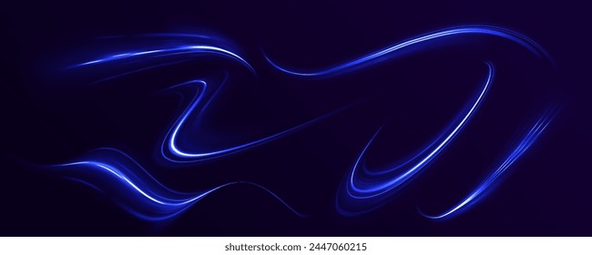 Light motion trails. Light and stripes moving fast over dark background. Laser beams luminous abstract sparkling. High speed effect motion blur, abstract flash perspective vector set on transparent