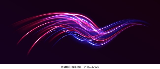 Light motion trails. Light and stripes moving fast over dark background. Laser beams luminous abstract sparkling. High speed effect motion blur, abstract flash perspective vector set on transparent ba