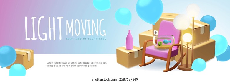 Light moving service 3D landing page banner vector design. Cardboard boxes stack, armchair, lamp and aquarium with balloons. Take care of everything. Cartoon delivery cargo, furniture transportation